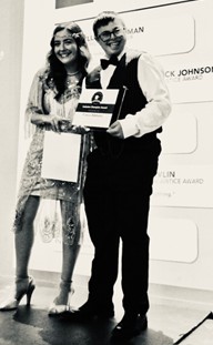 Karine with Franco Bibbiano, longtime CHAT client and Inclusion Champion Honoree, at CHAT&rsquo;s 2025 Speak Easy Gala&mdash;in full speakeasy style.